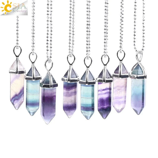 CSJA Fluorite Crystal Necklace – Natural Hexagonal Quartz Pendant for Women & Reiki Healing